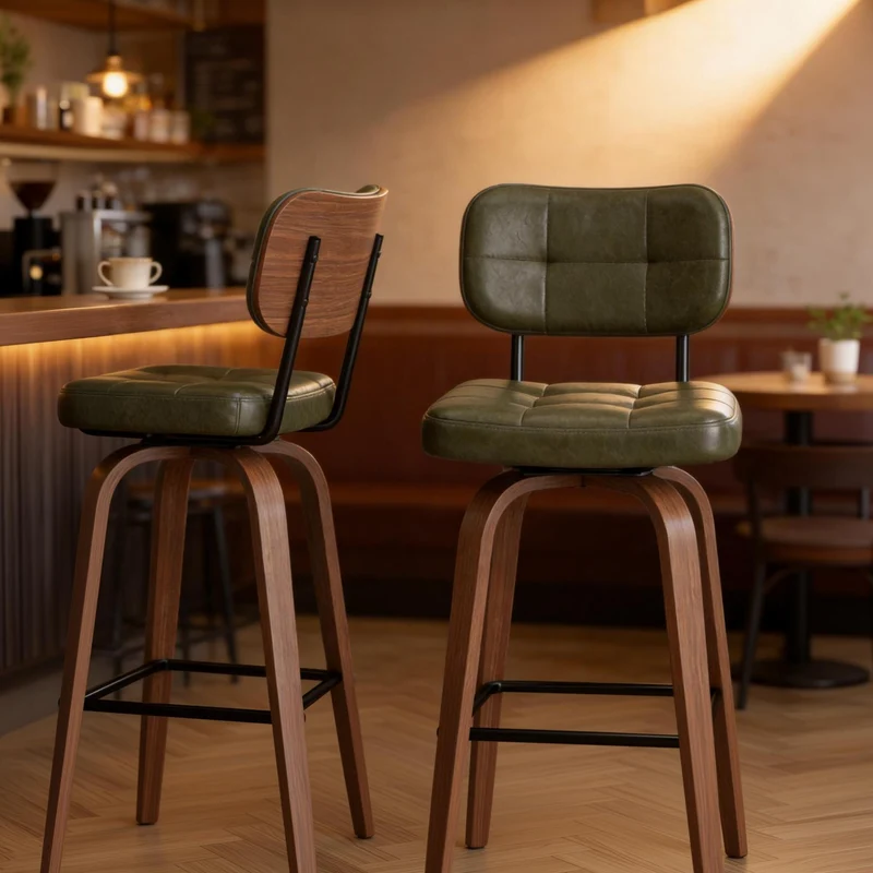 Lot de 2 tabourets de bar en bois noyer et PU vert pivotants 360° H94cm style vintage RUSTICWALNUTELITE