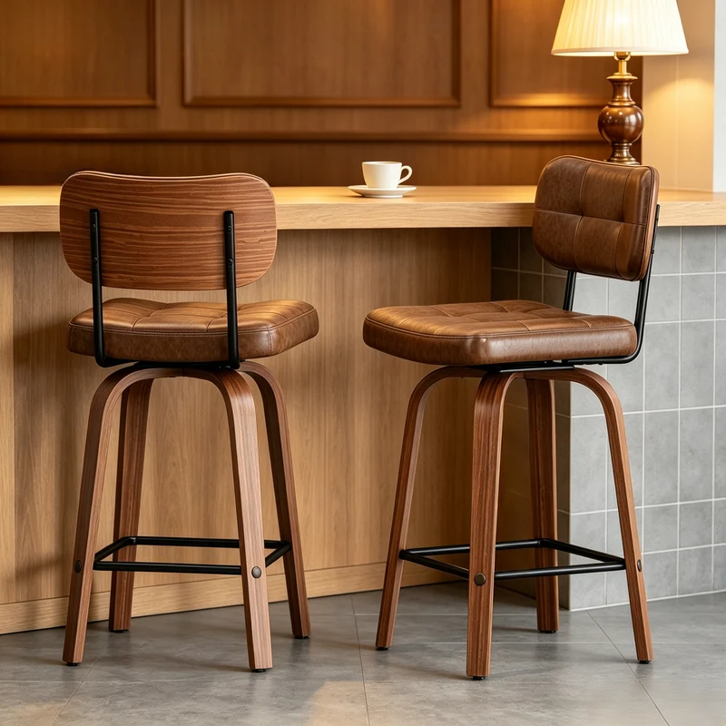 Lot de 2 tabourets de bar en bois noyer et PU marron pivotants 360° H94cm style vintage RUSTICWALL