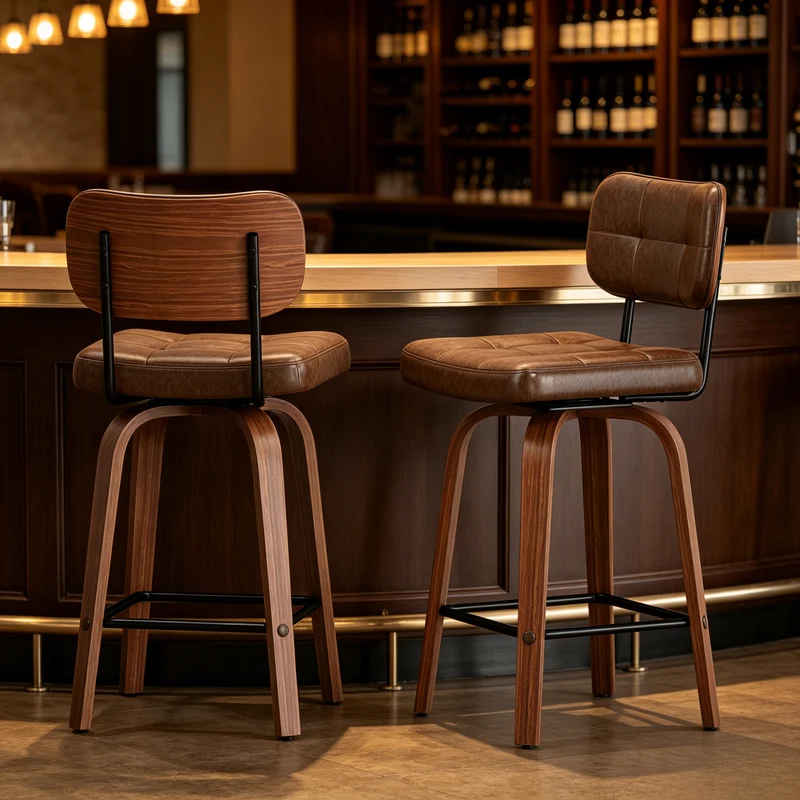 Lot de 2 tabourets de bar en bois noyer et PU marron pivotants 360° H94cm style vintage RUSTICWALL