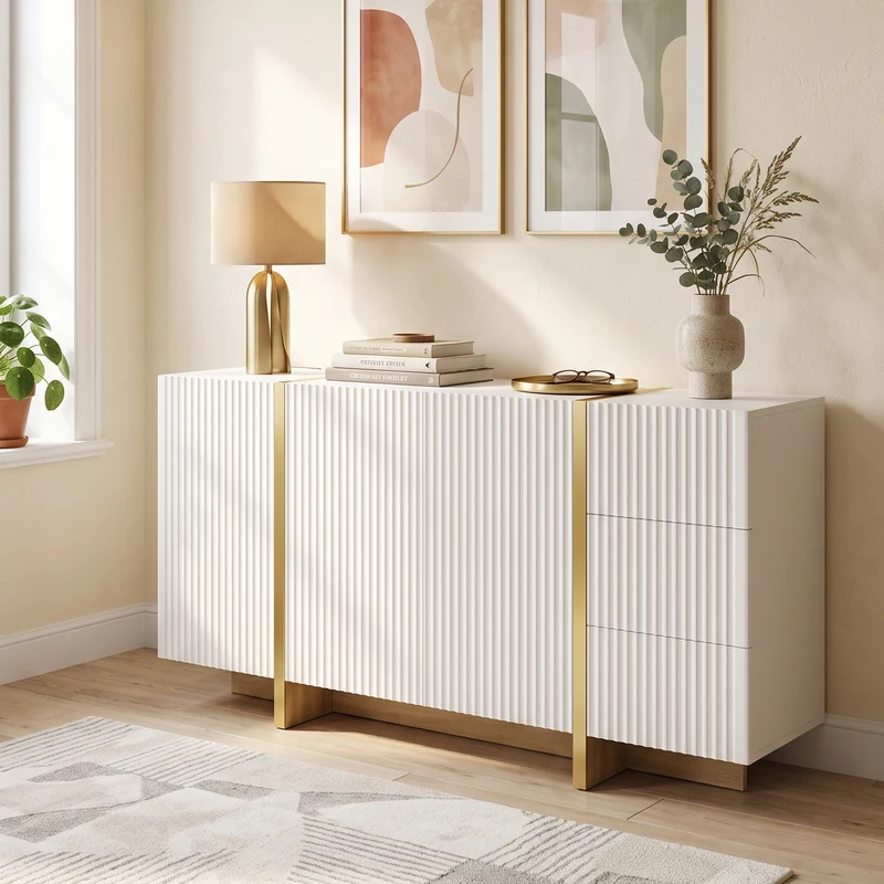 Buffet blanc à 3 portes 3 tiroirs rainurés et détails dorés PILLOWLIGHT