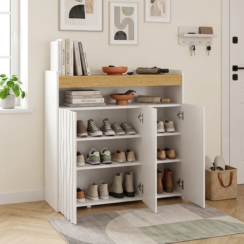 Meuble à chaussures blanc et bois avec LED, 3 portes, motif ondulé MULTISOFA