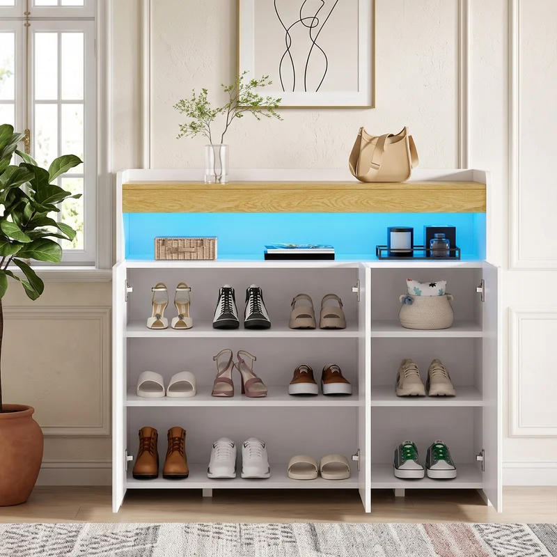 Meuble à chaussures blanc et bois avec LED, 3 portes, motif ondulé MULTISOFA