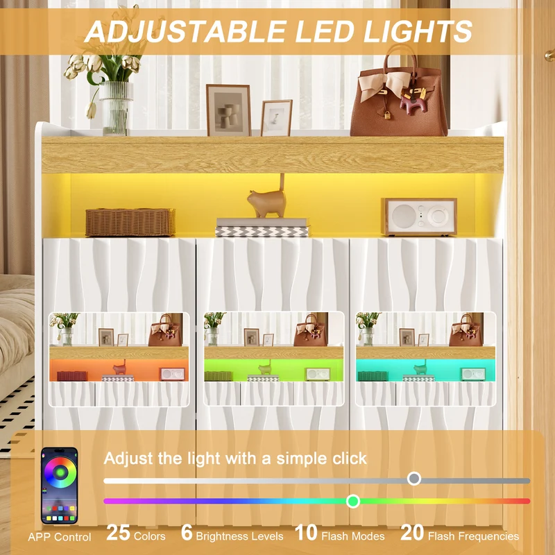 Meuble à chaussures blanc et bois avec LED, 3 portes, motif ondulé MULTISOFA
