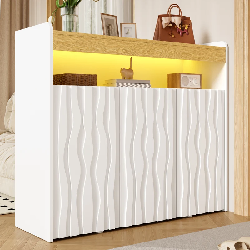 Meuble à chaussures blanc et bois avec LED, 3 portes, motif ondulé MULTISOFA