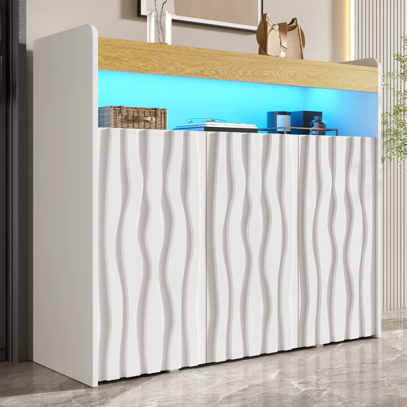 Meuble à chaussures blanc et bois avec LED, 3 portes, motif ondulé MULTISOFA