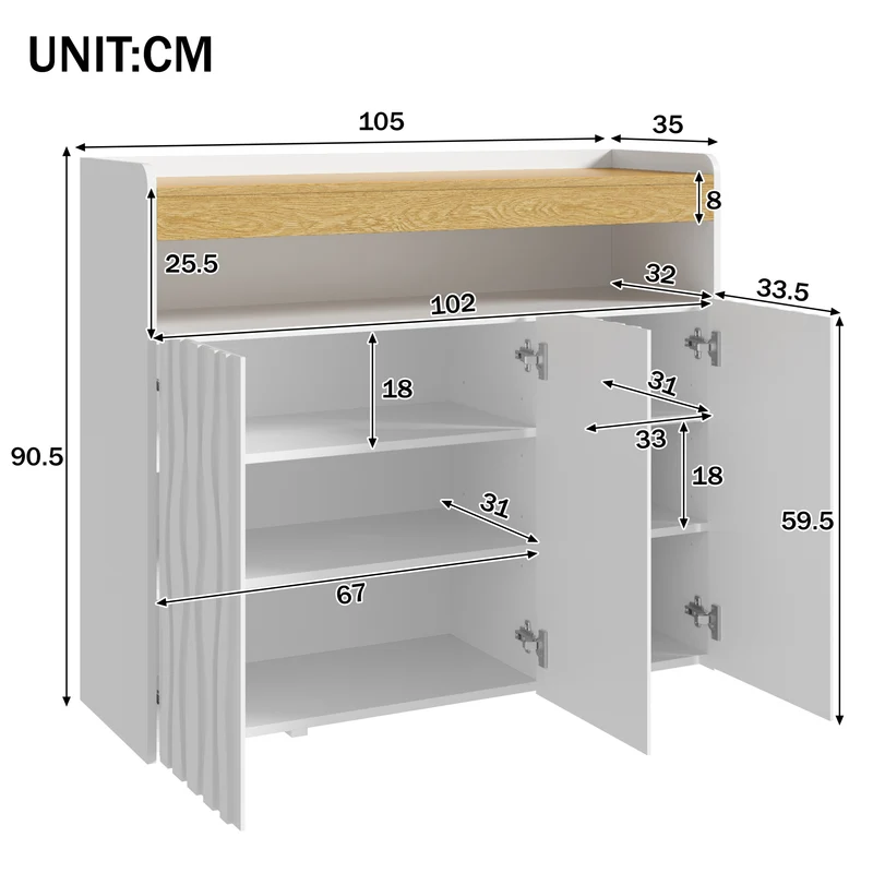 Meuble à chaussures blanc et bois avec LED, 3 portes, motif ondulé MULTISOFA