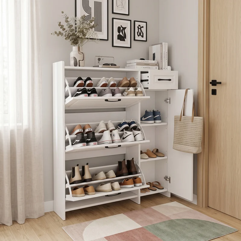 Meuble à chaussures blanc avec tiroir et 3 abattants 92x24x121cm MULTISTOOL
