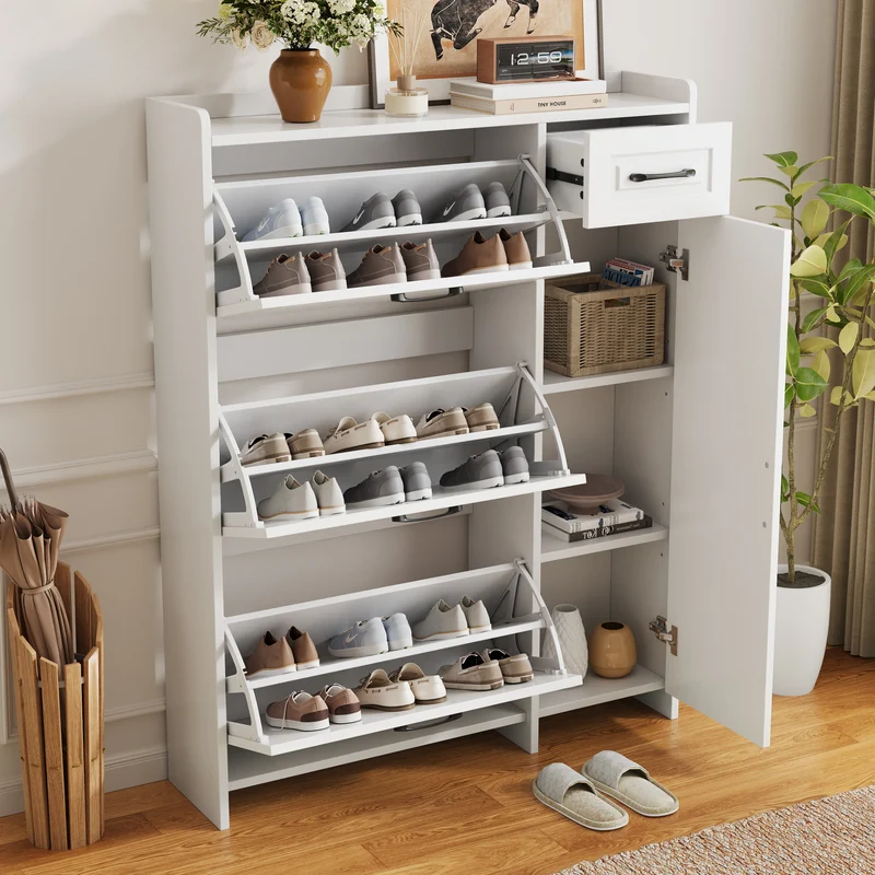 Meuble à chaussures blanc avec tiroir et 3 abattants 92x24x121cm MULTISTOOL