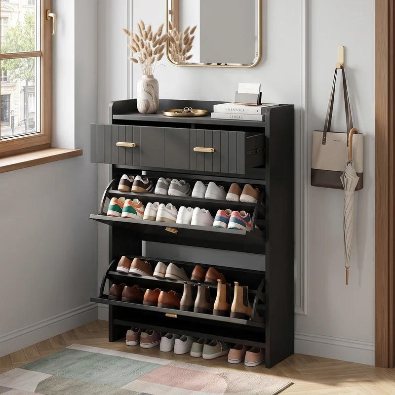 Meuble à chaussures noir avec 2 tiroirs, 2 portes et accents dorés 75×24×108,5 cm MULTITHROW