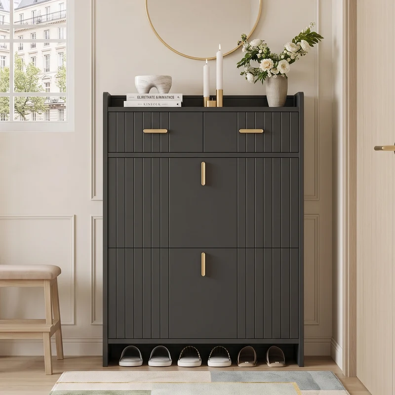 Meuble à chaussures noir avec 2 tiroirs, 2 portes et accents dorés 75×24×108,5 cm MULTITHROW