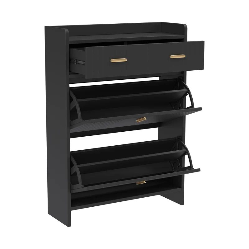 Meuble à chaussures noir avec 2 tiroirs, 2 portes et accents dorés 75×24×108,5 cm MULTITHROW