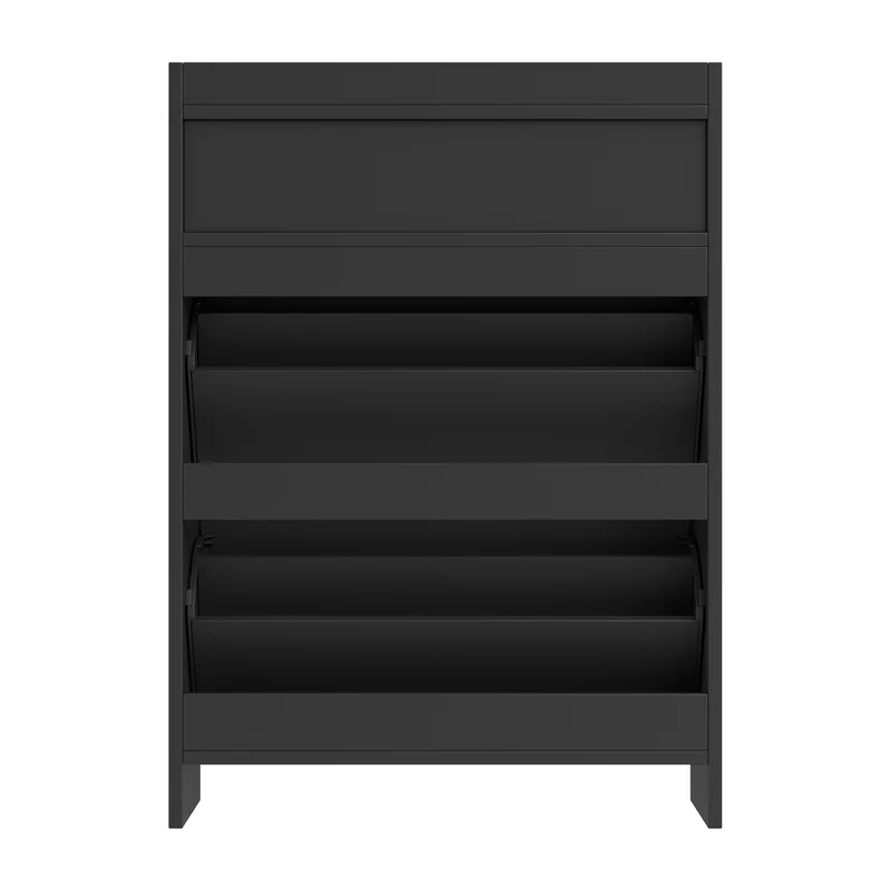 Meuble à chaussures noir avec 2 tiroirs, 2 portes et accents dorés 75×24×108,5 cm MULTITHROW