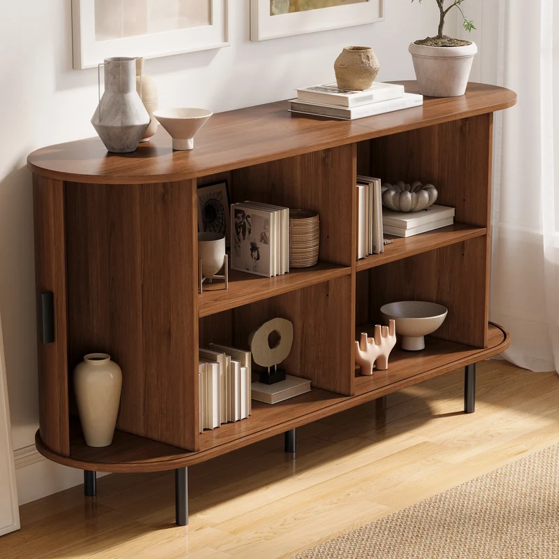 Buffet noyer style vintage 2 portes coulissantes, cannage rainuré 140cm PILLOWMAX