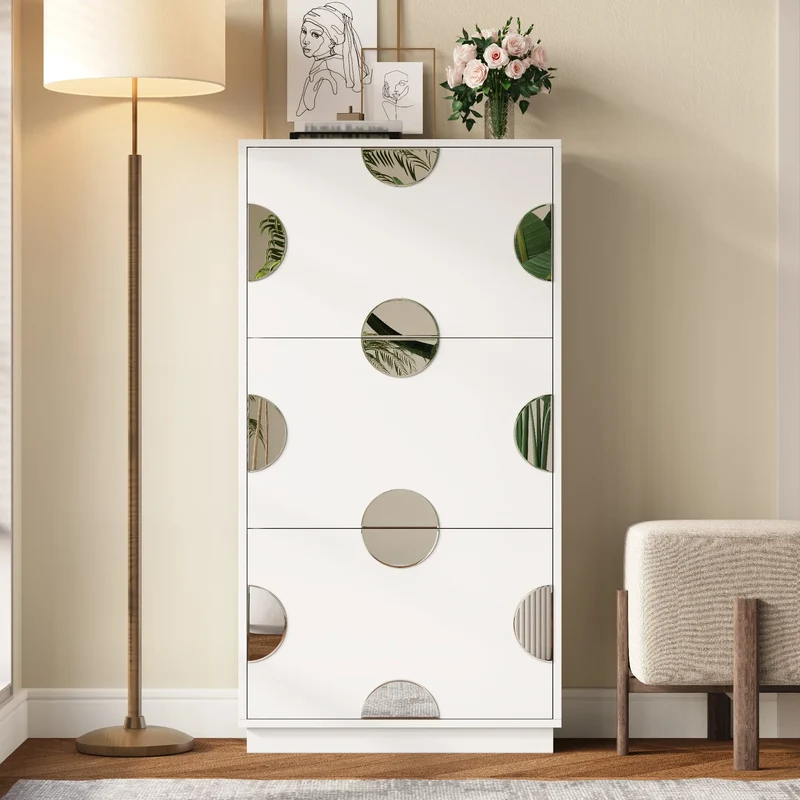 Meuble à chaussures blanc à 3 portes avec miroir rond