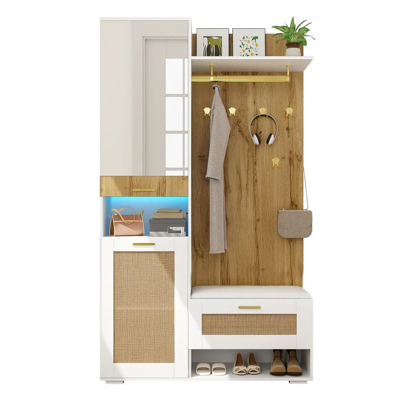 Meuble d'entrée avec miroir, banc et rangements LED
