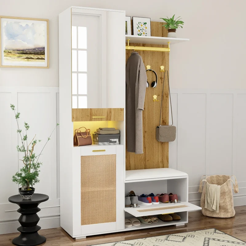 Meuble d'entrée avec miroir, banc et rangements LED