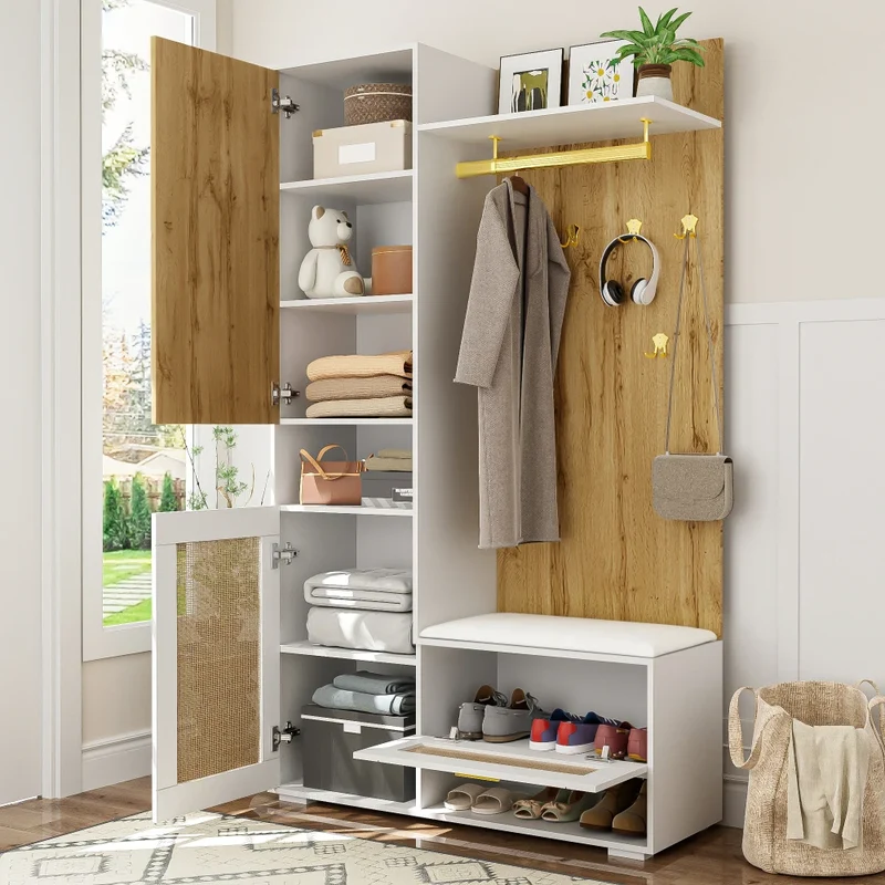 Meuble d'entrée avec miroir, banc et rangements LED