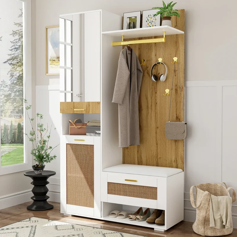 Meuble d'entrée avec miroir, banc et rangements LED
