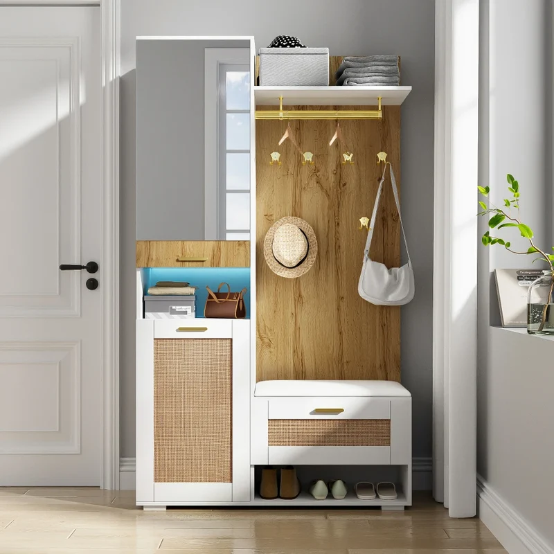Meuble d'entrée avec miroir, banc et rangements LED