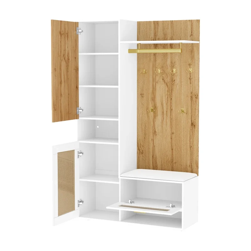 Meuble d'entrée avec miroir, banc et rangements LED