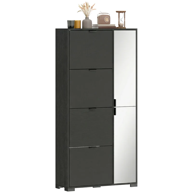 Meuble à chaussures noir avec miroir, 4 tiroirs basculants