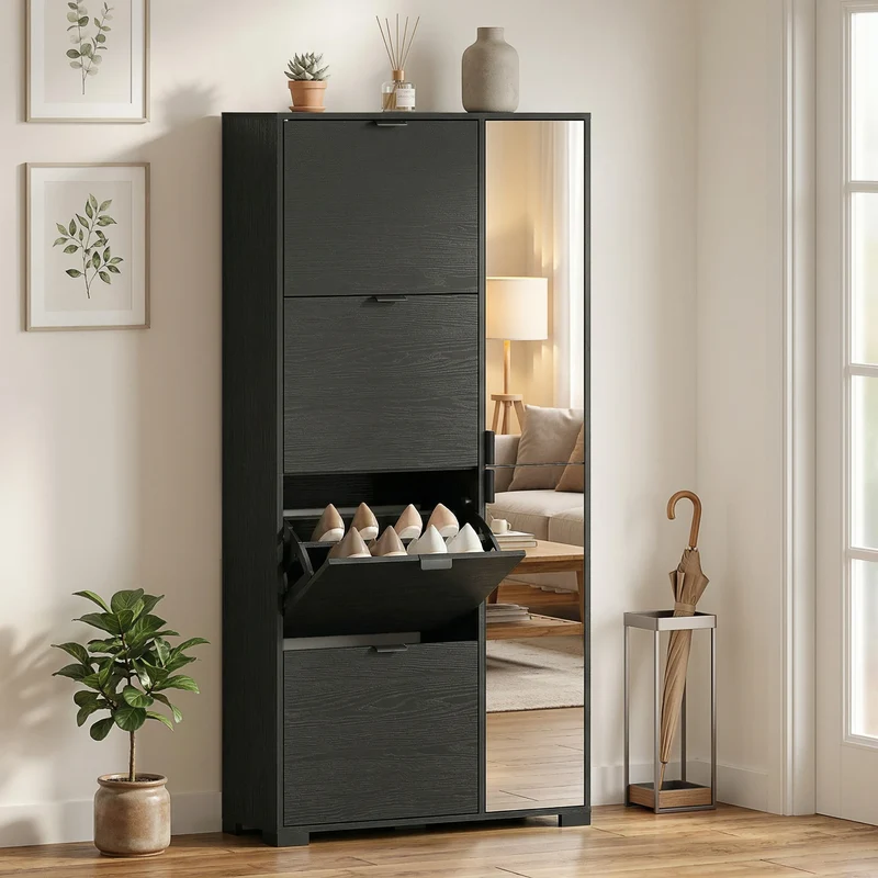 Meuble à chaussures noir avec miroir, 4 tiroirs basculants