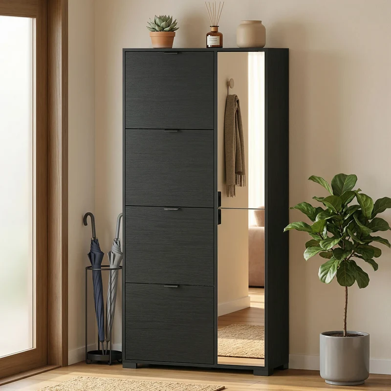 Meuble à chaussures noir avec miroir, 4 tiroirs basculants