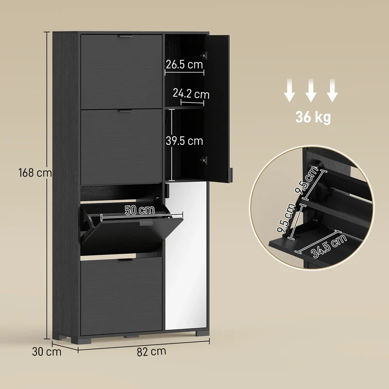 Meuble à chaussures noir avec miroir, 4 tiroirs basculants