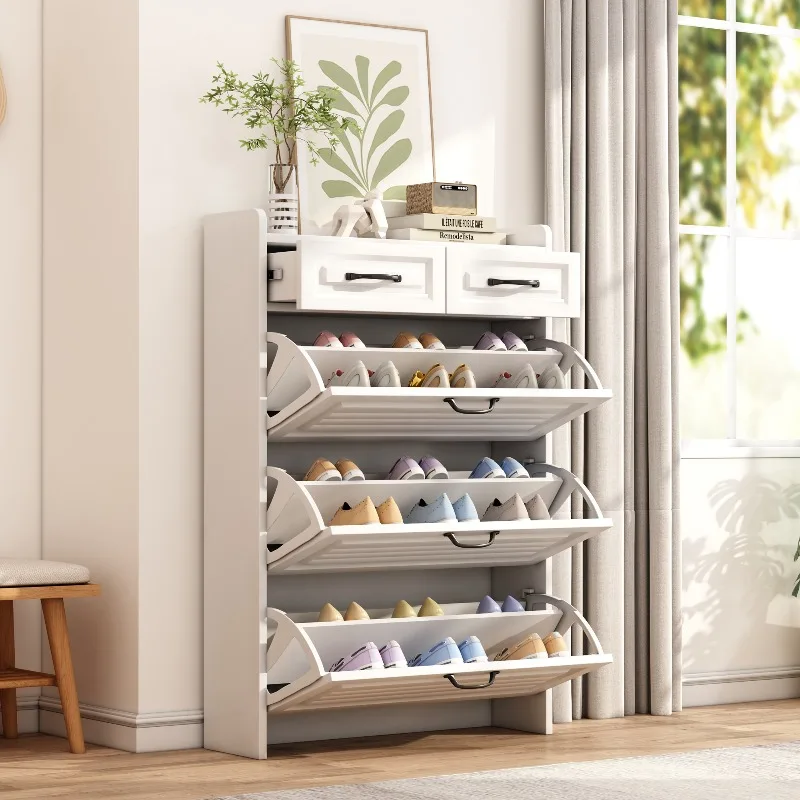 Meuble à chaussures blanc à 3 portes rotatives et 2 tiroirs
