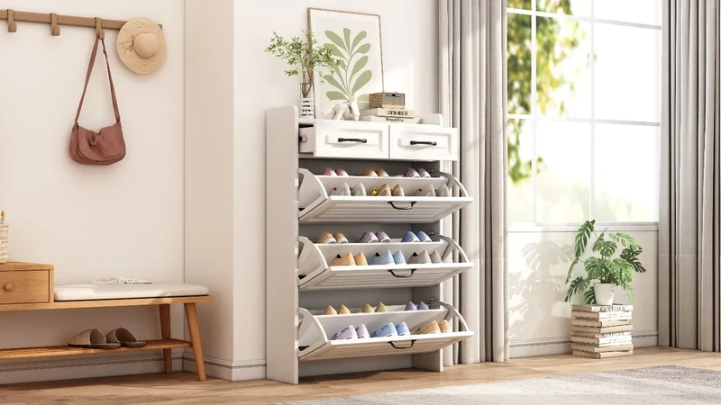 Meuble à chaussures blanc à 3 portes rotatives et 2 tiroirs