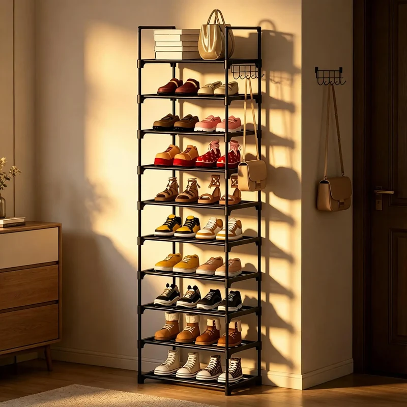 Étagère à chaussures 10 niveaux avec crochets latéraux