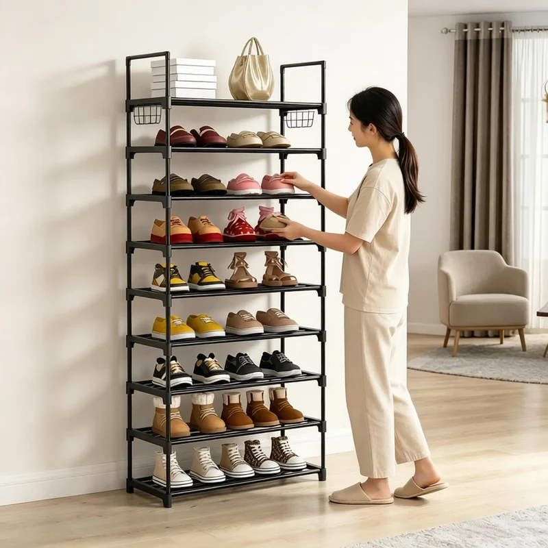 Étagère à chaussures 10 niveaux avec crochets latéraux