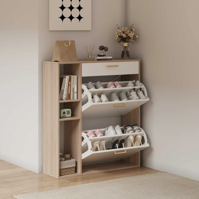 Meuble à chaussures en bois à 2 abattants et étagères réglables