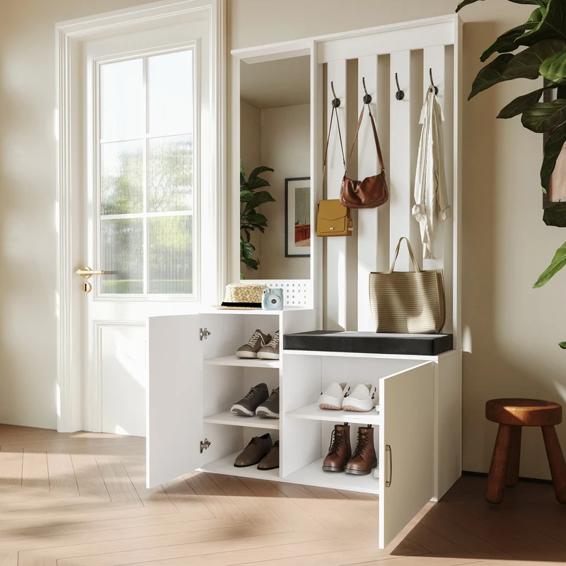 Ensemble meuble d’entrée blanc avec banc, miroir et rangement à chaussures