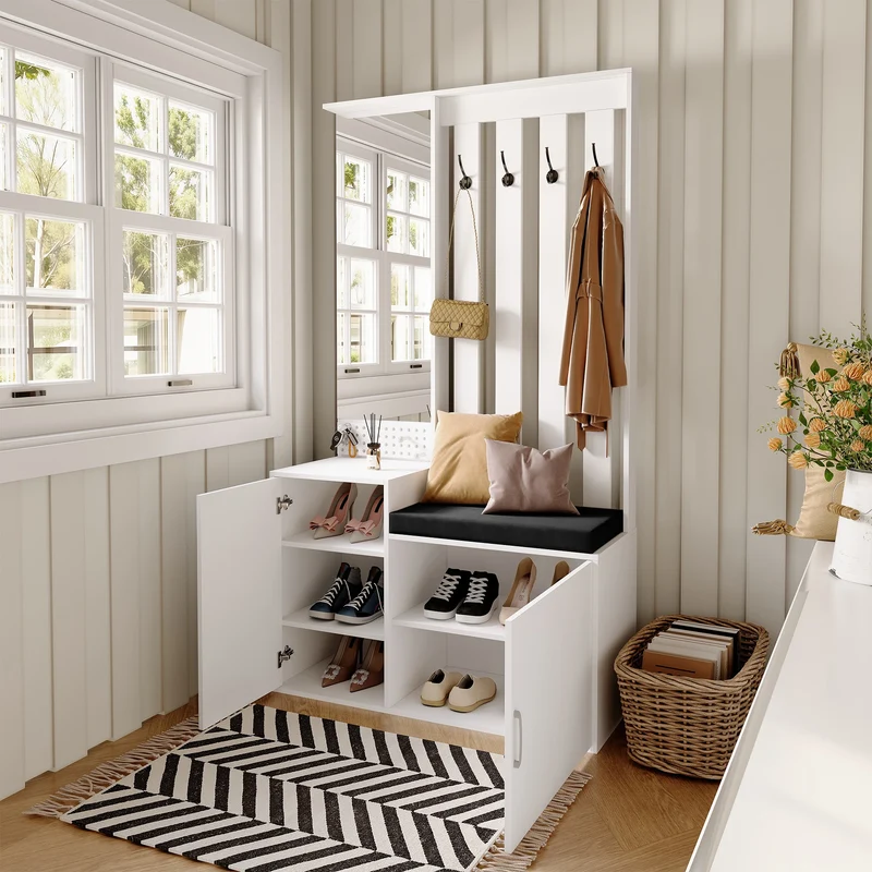 Ensemble meuble d’entrée blanc avec banc, miroir et rangement à chaussures