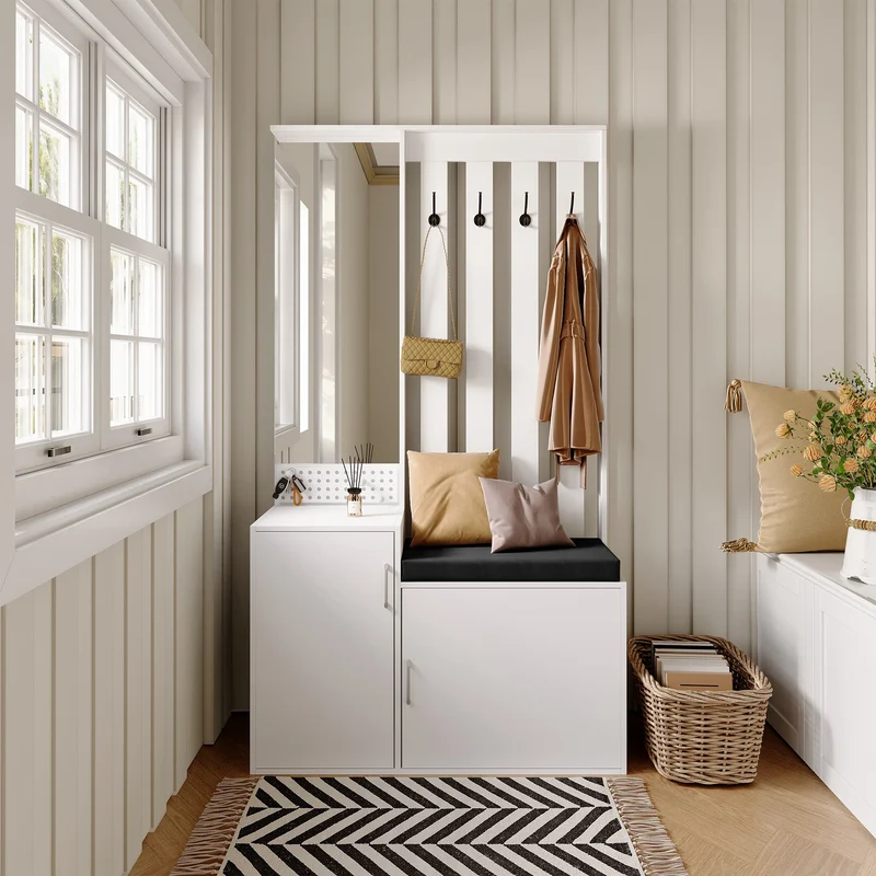 Ensemble meuble d’entrée blanc avec banc, miroir et rangement à chaussures