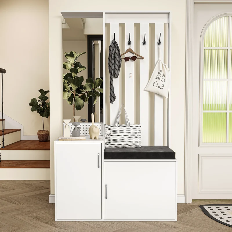 Ensemble meuble d’entrée blanc avec banc, miroir et rangement à chaussures