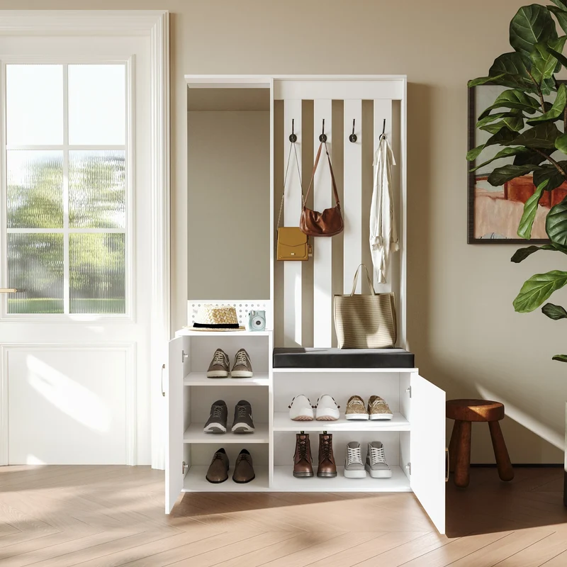 Ensemble meuble d’entrée blanc avec banc, miroir et rangement à chaussures