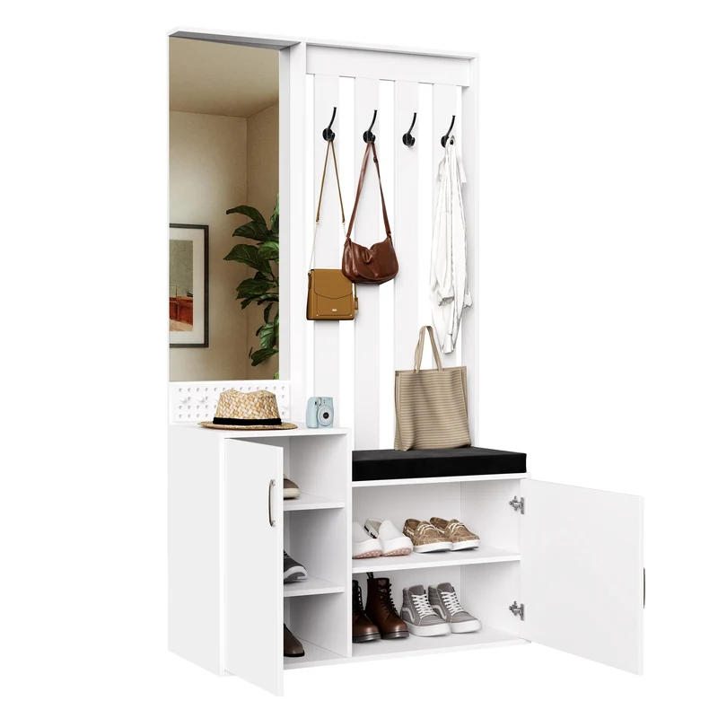 Porte-manteau avec banc à chaussures et miroir, bois blanc