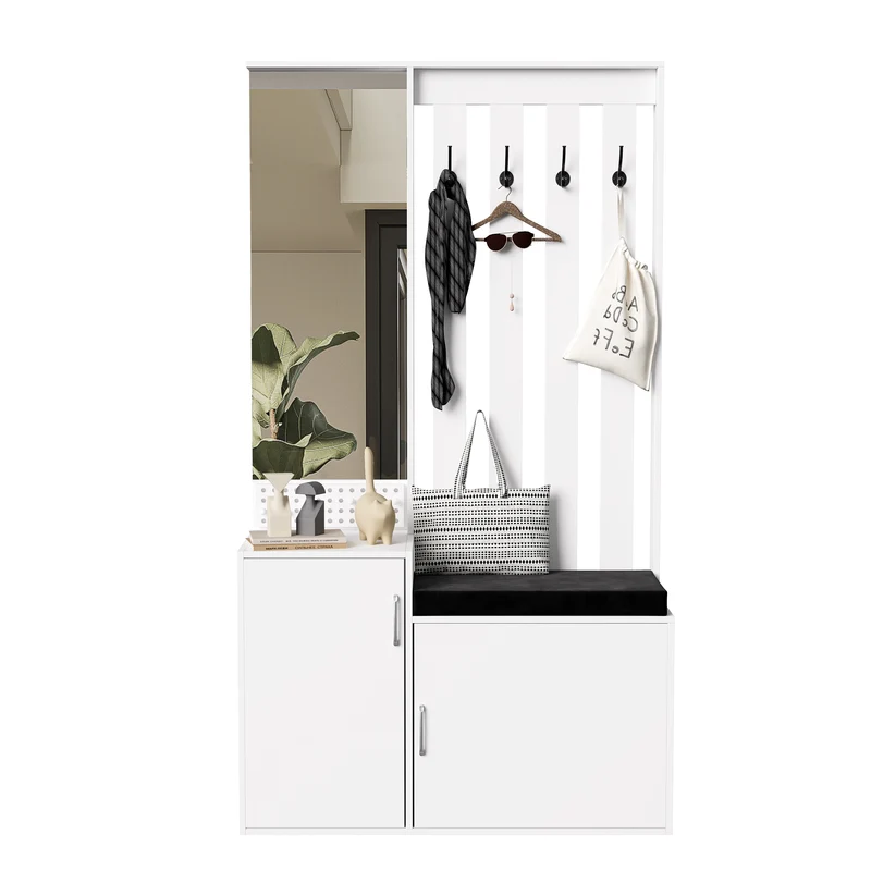 Porte-manteau avec banc à chaussures et miroir, bois blanc