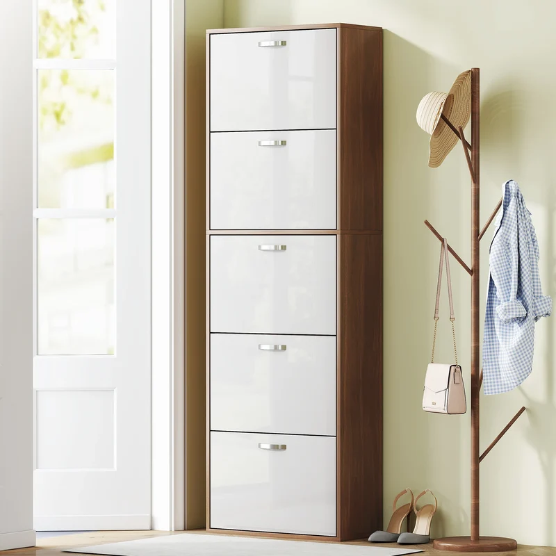 Meuble à chaussures blanc et brun à 5 portes basculantes