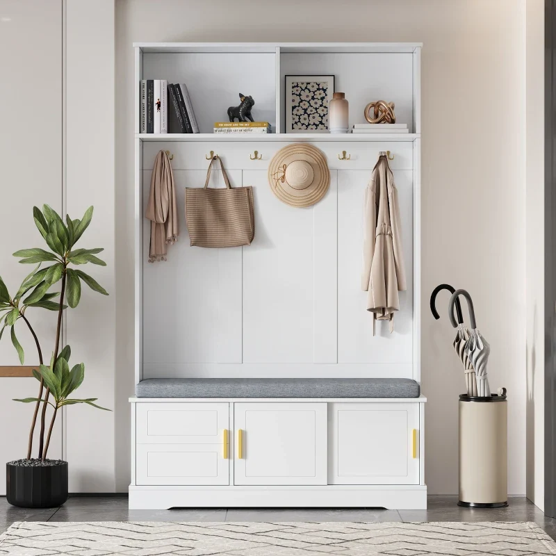 Banc d'entrée blanc avec porte-manteau et rangement à chaussures