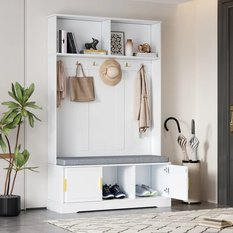 Banc d'entrée blanc avec porte-manteau et rangement à chaussures
