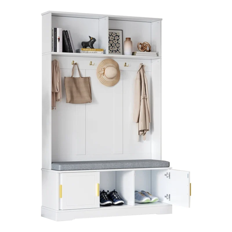 Banc d'entrée blanc avec porte-manteau et rangement à chaussures