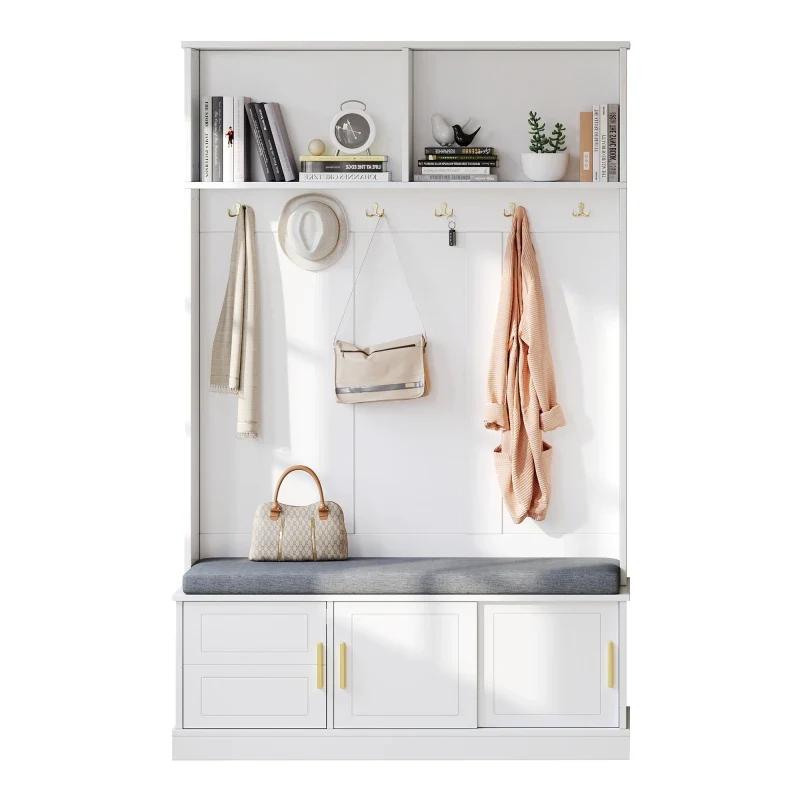 Banc d'entrée blanc avec porte-manteau et rangement à chaussures