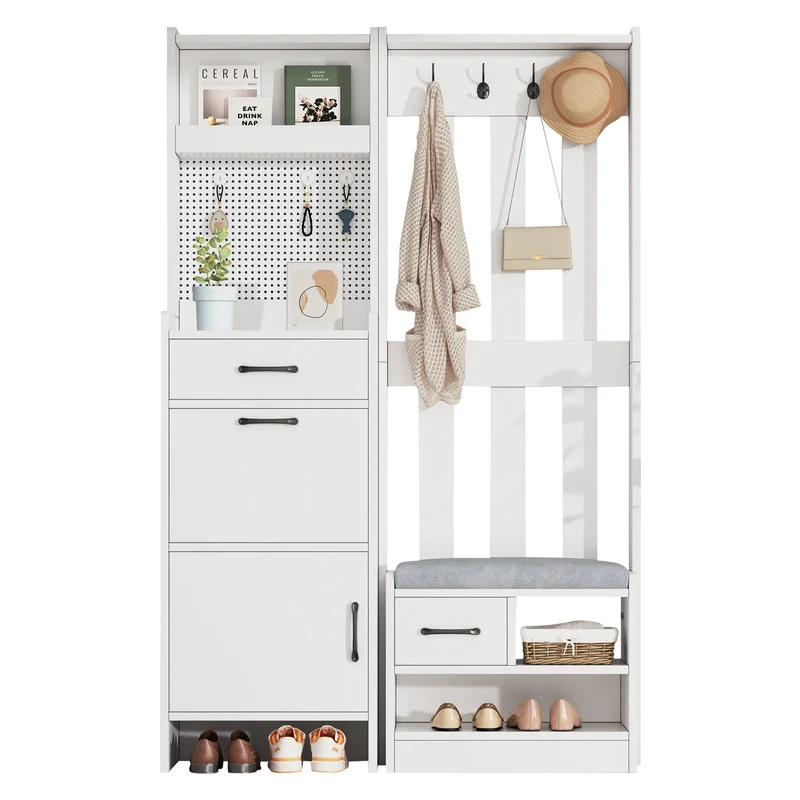 Porte-manteau d'entrée blanc 7-en-1 avec banc à chaussures