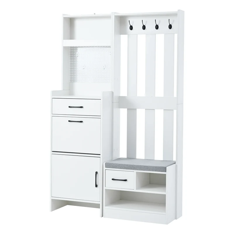 Porte-manteau d'entrée blanc 7-en-1 avec banc à chaussures
