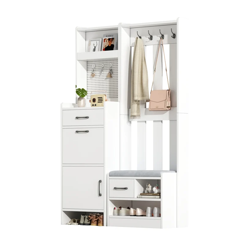 Porte-manteau d'entrée blanc 7-en-1 avec banc à chaussures