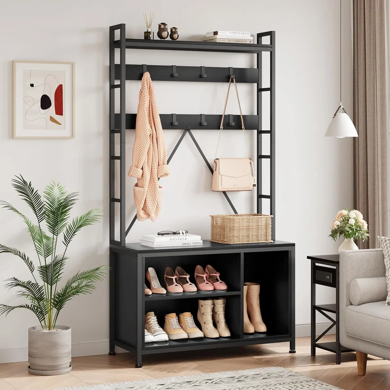 Vestiaire d'entrée noir avec banc et rangement à chaussures