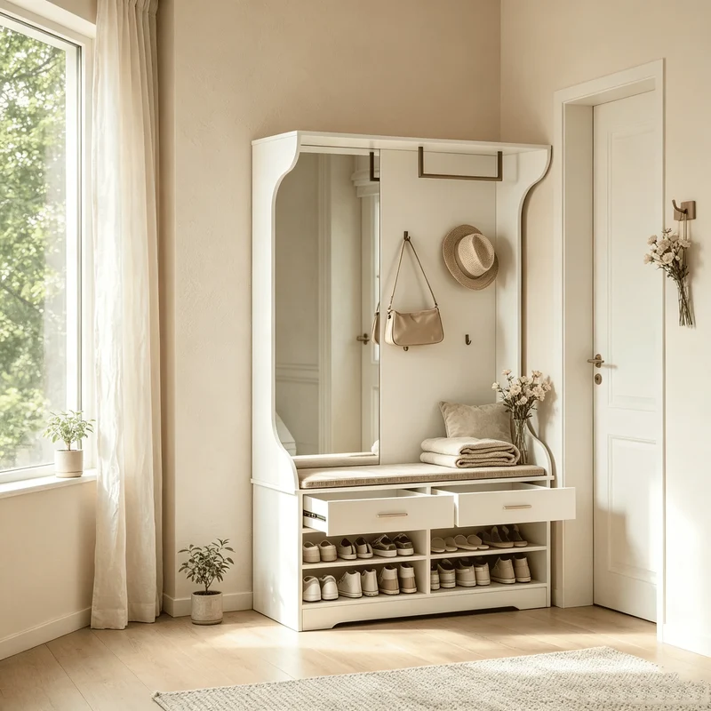 Vestiaire blanc avec banc, rangement à chaussures et 2 tiroirs